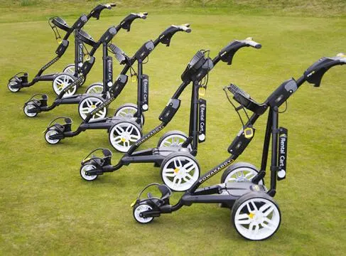 Powakaddy trolleys lined up on the fairway